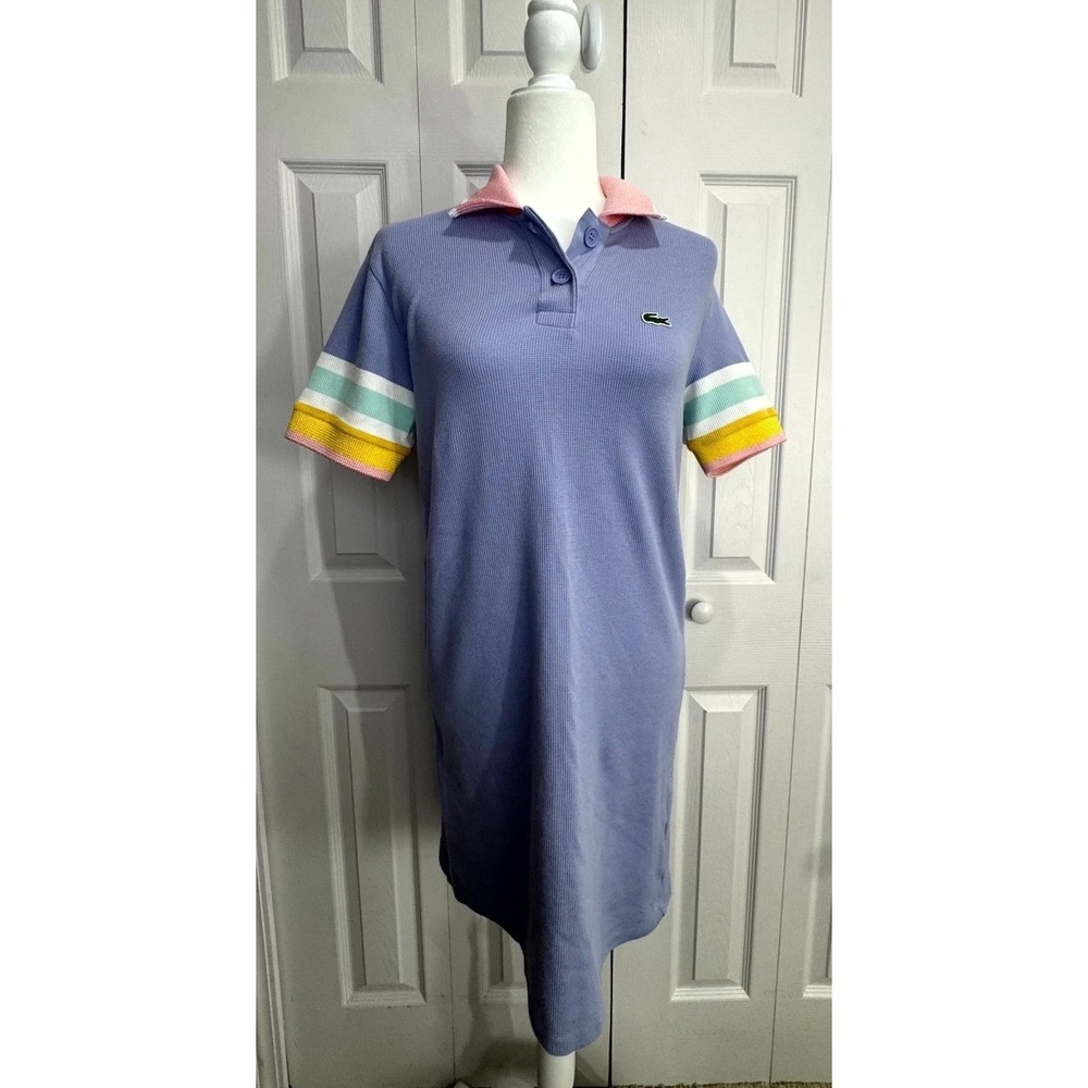 Lacoste Striped Accents Honeycomb Cotton Polo Dress Women's 36 Purple Stretch